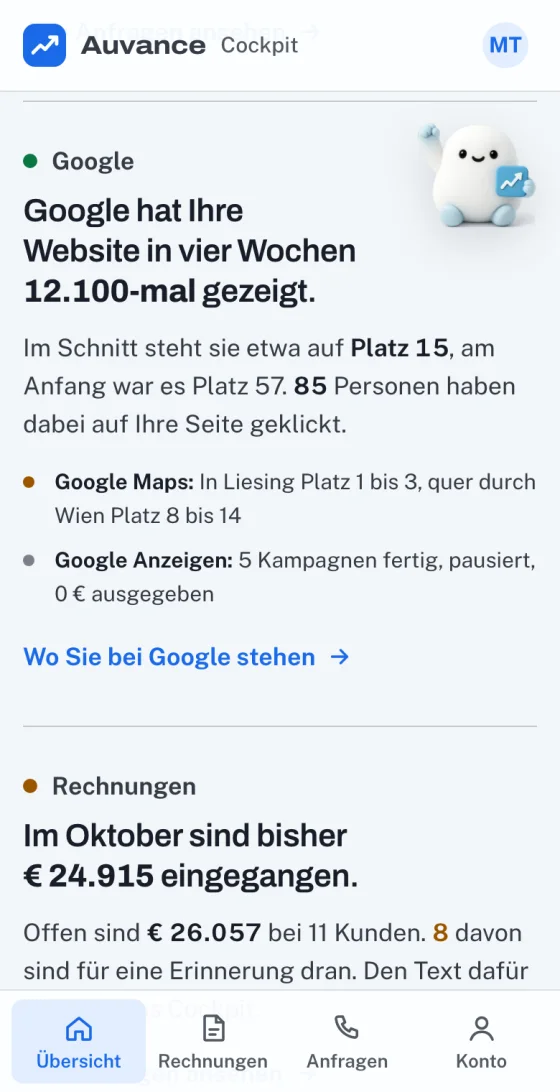 Das Auvance Cockpit am Handy: In ganzen Sätzen steht dort, wie oft Google die Website gezeigt hat und auf welchem Platz sie steht