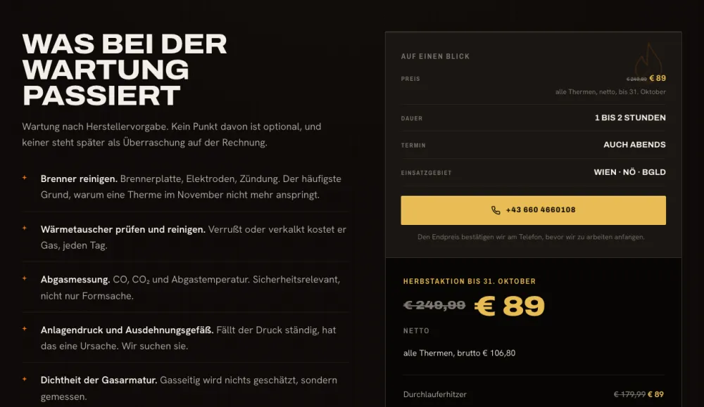 Unterseite Thermenwartung von installateurzeus.at: Wartungs-Checkliste und Festpreise